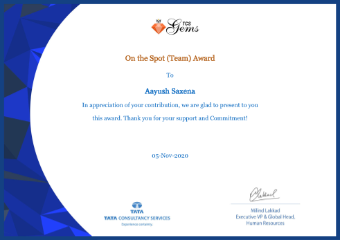 TCS On the Spot Team Award certificate