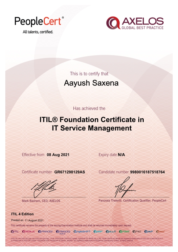 ITIL 4 Foundation certificate